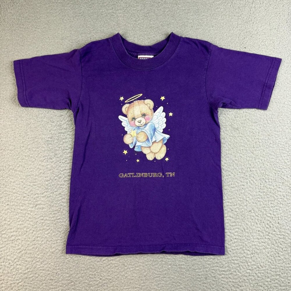 VTG Christmas Angel Bear Shirt‎ Large (14-16) Purple Gatlinburg TN Short Sleeve